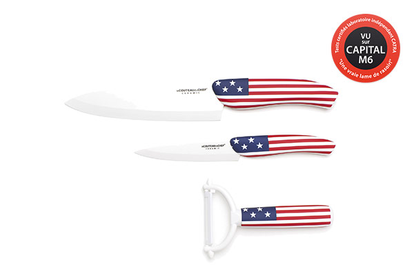  3-Kitchen knife set Flag/Pays –White ceramic blade