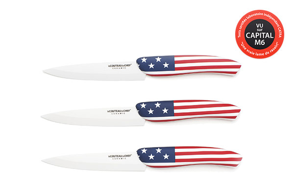 3-Steak knife set Flag/Pays – 10cm white ceramic blade